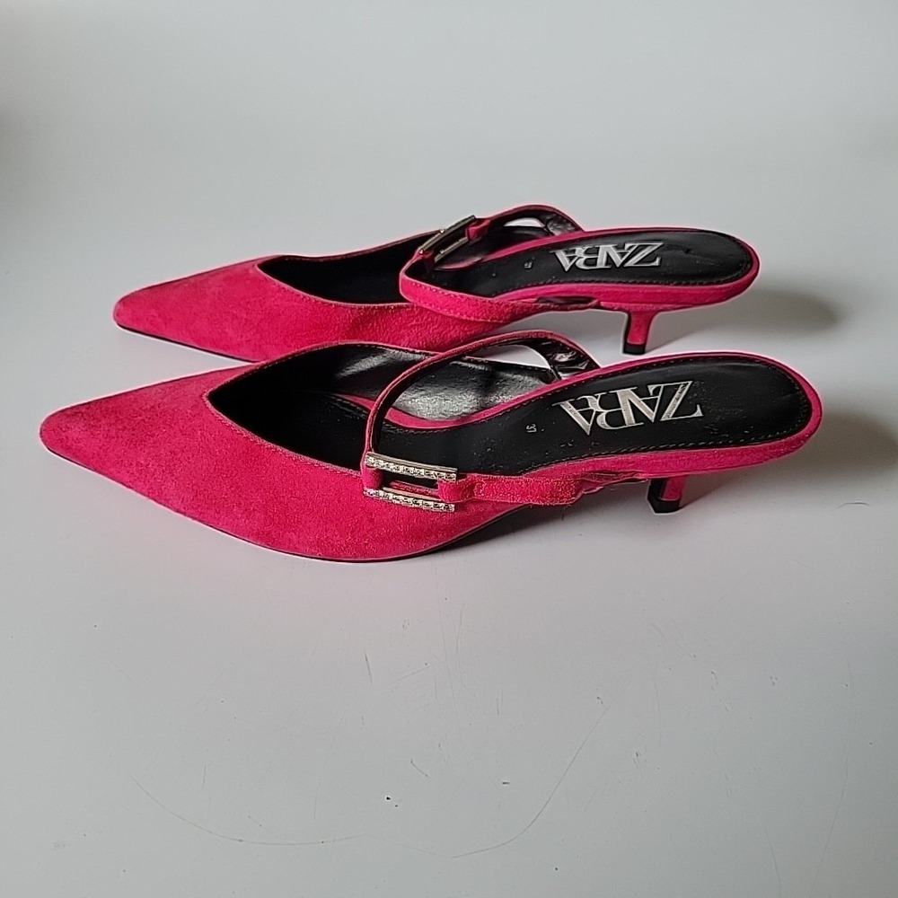 Zara Kitten Heel Point Toe Mules 7 Fuschia Pink Suede Chic Effortless Feminine - Picture 2 of 12